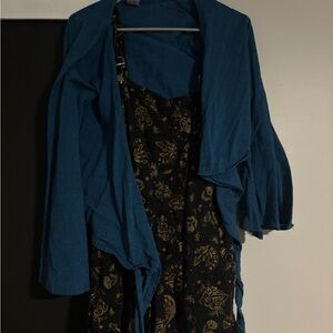 Blue Cardigan with Black and Gold Dress